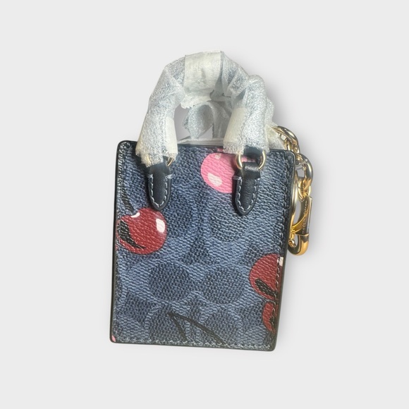 Coach Cherry Print Mini Tote Bag Charm Keychain Leather Gold Hardware - Picture 3 of 6